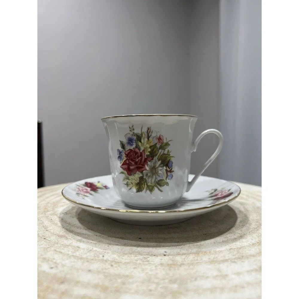 Grace By Lynns China Demitasse Petite Cup & Saucer Set Pink Roses Green Border